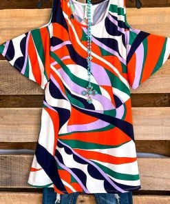 Sassy Look Dainty Cold Shoulder Top - Navy/Orange