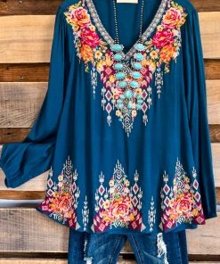 Andree Go Your Own Way Embroidered Blouse - Teal - SALE